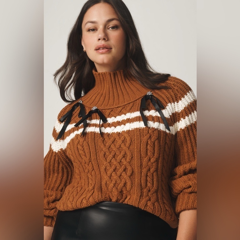 Anthropologie Maeve Turtleneck Balloon Sleeve Bow Sweater Honey Size Medium New